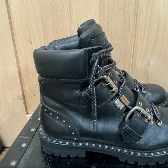 Jimmy Choo Calfskin Breeze Biker Combat Boots Sz 37.5 Black Moto Buckle Studded - Picture 8 of 16